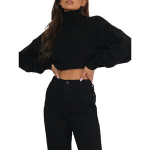 Missguided Premium Knit Ribbed Turtleneck Cropped Top Black Size 10-12 US NWT